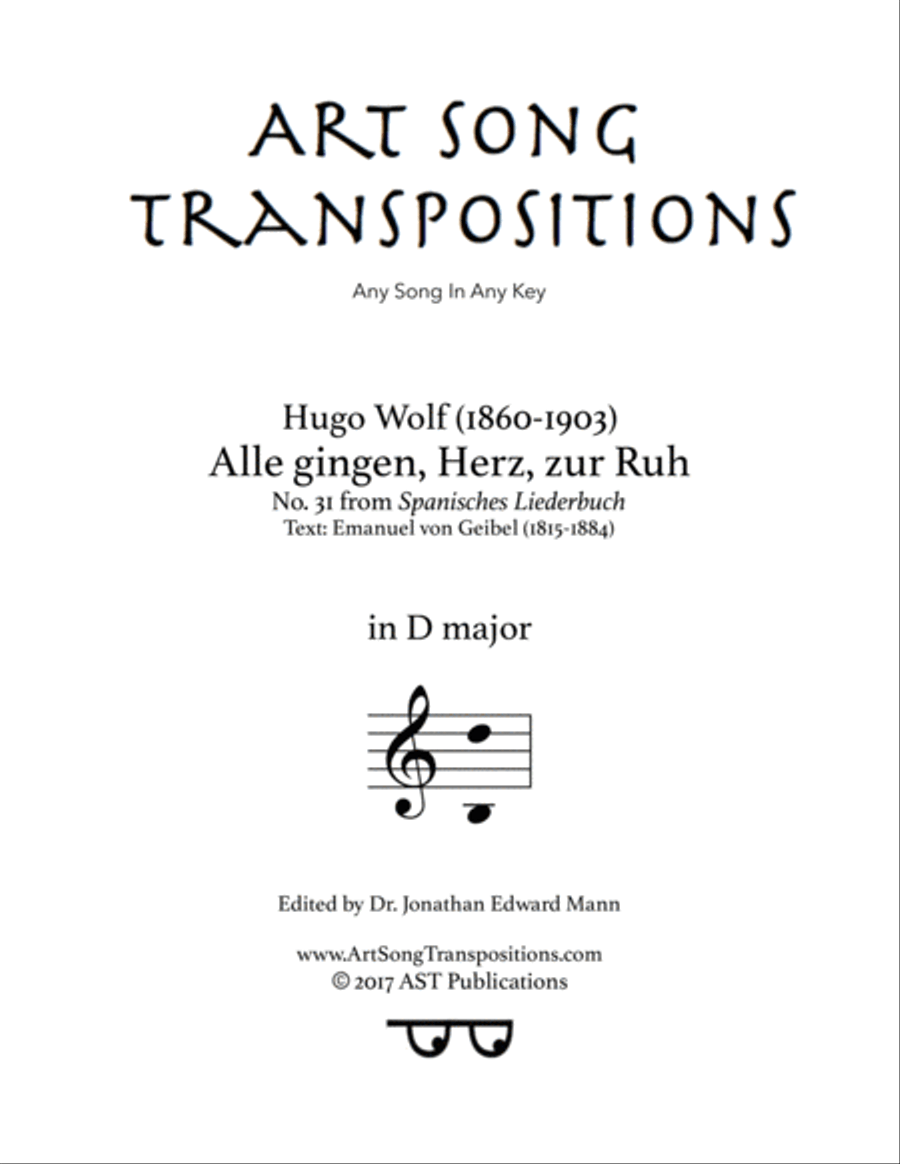 WOLF: Alle gingen, Herz, zur Ruh (transposed to D major) Voice scores gallery preview page 1