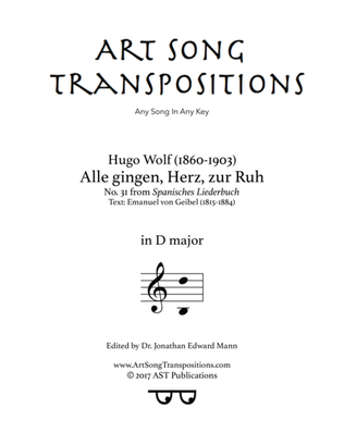 WOLF: Alle gingen, Herz, zur Ruh (transposed to D major)