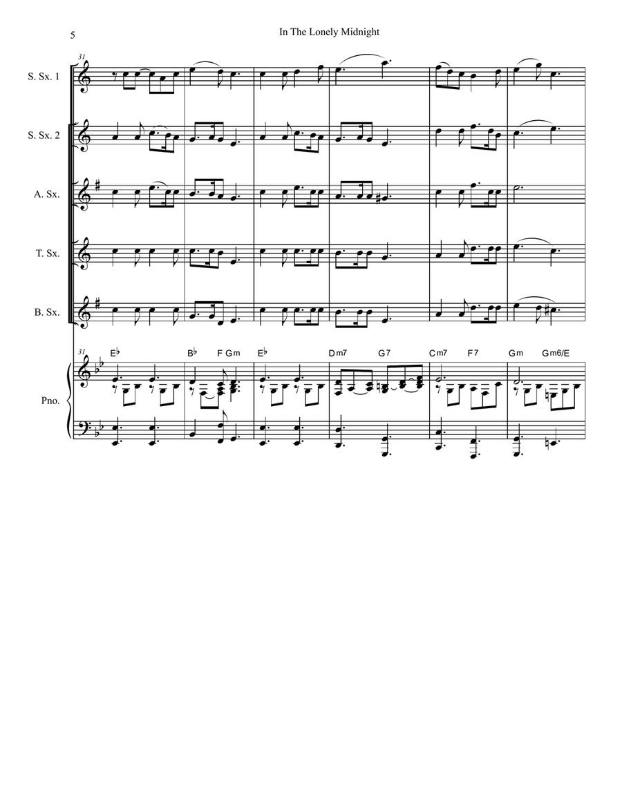 Silent Night / In The Lonely Midnight (for Saxophone Quintet and Piano) Saxophone Quintet scores gallery preview page 6