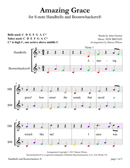 Ten Classic Hymns (for 8-note Bells and Boomwhackers with Color Coded Notes) by Sharon Wilson Handbell Choir - Digital Sheet Music