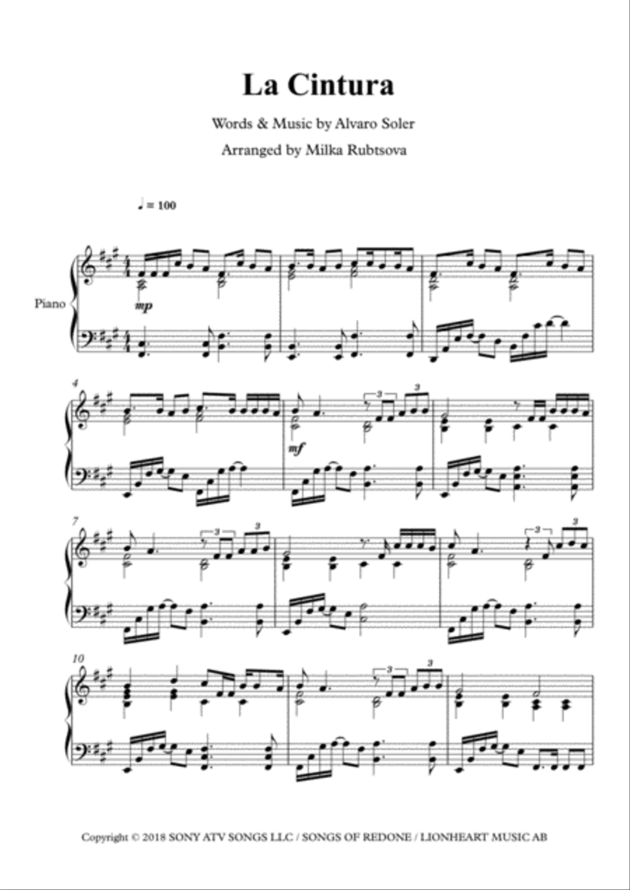La Cintura (latin Remix) Piano Solo scores gallery preview page 1