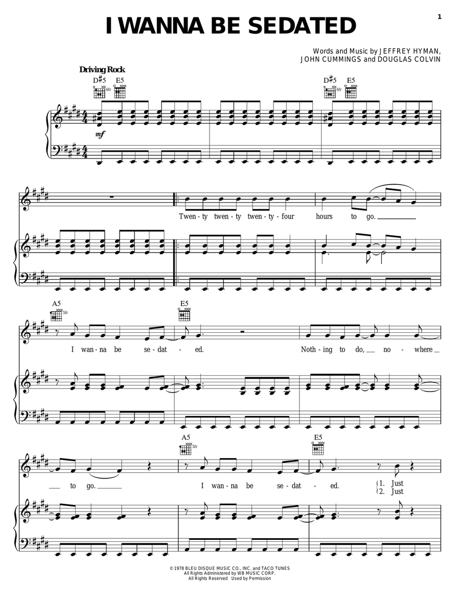 I Wanna Be Sedated I Wanna Be Sedated Piano, Vocal, Guitar scores gallery preview page 1