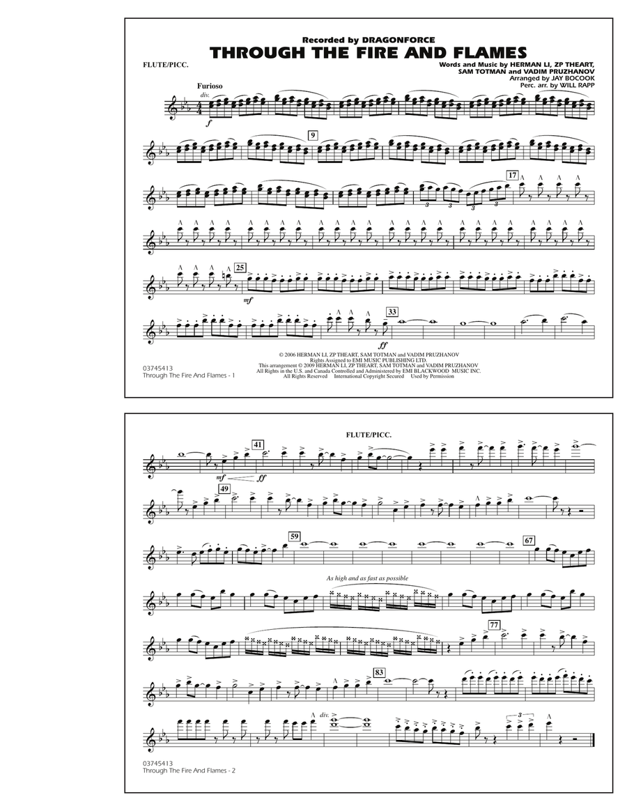 Through the Fire and Flames - Flute/Piccolo Marching Band scores gallery preview page 1