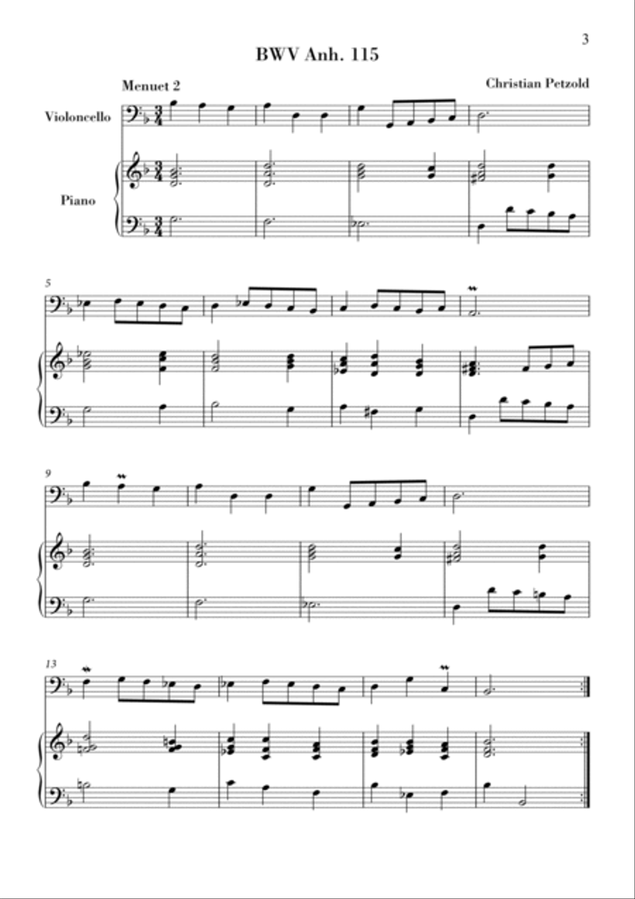 Bach - Minuet in G major and G minor (BWV Anh. 114 - 115) for Violoncello and Piano Piano scores gallery preview page 3