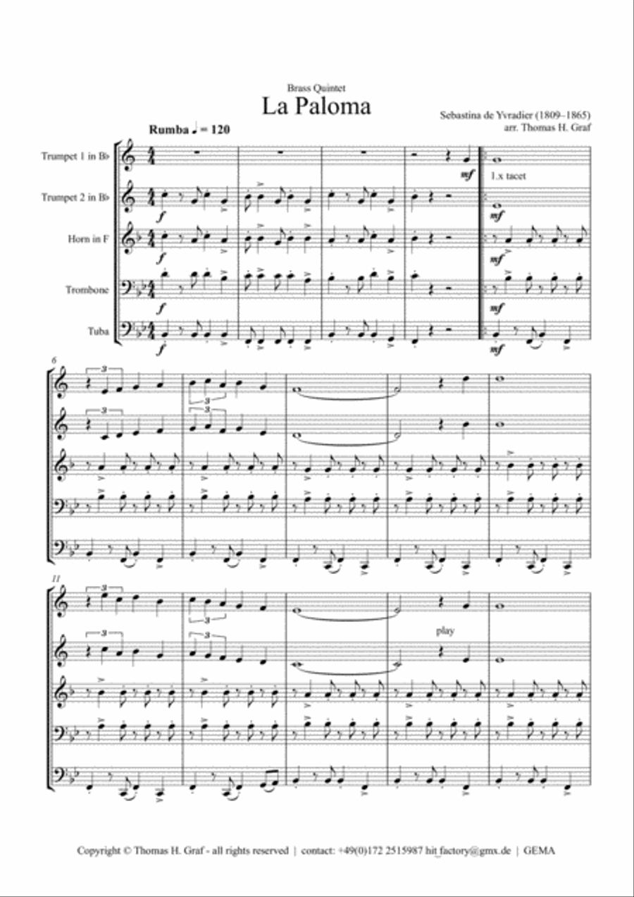 La Paloma - Spanish Habanera - Brass Quintet Brass Quintet scores gallery preview page 1