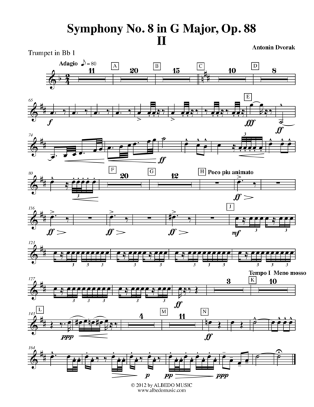 Dvorak Symphony No. 8, Movement II - Trumpet in Bb 1 (Transposed Part), Op. 88