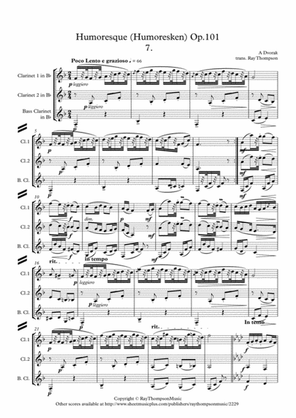 Dvorak: Humoresques Op.101 No.7 - clarinet trio (2 Bb and bass) image number null