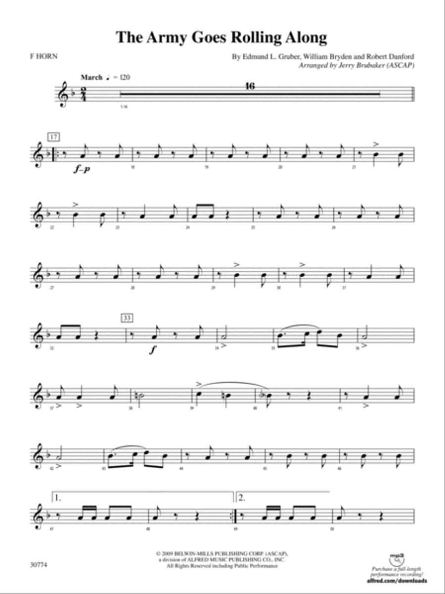 The Army Goes Rolling Along: 1st F Horn Concert Band scores gallery preview page 1
