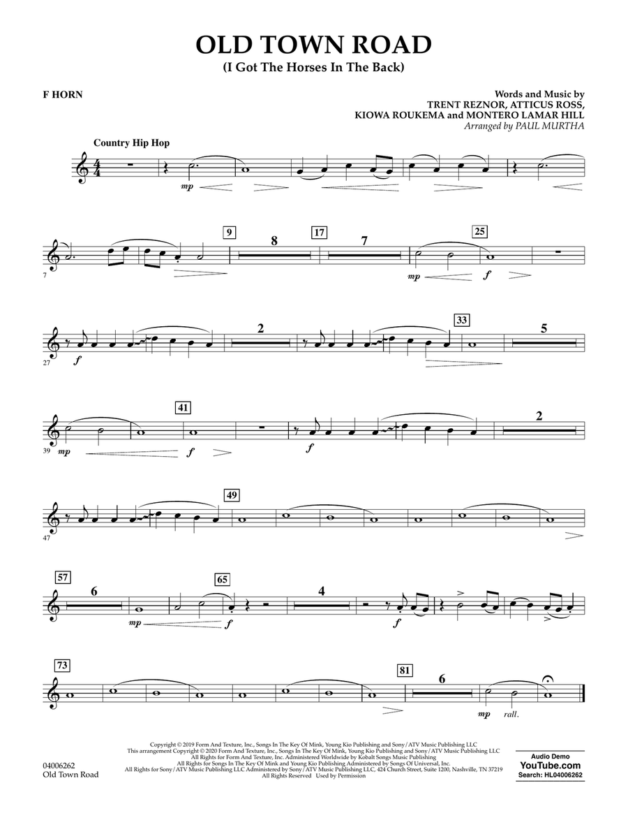 Old Town Road (arr. Paul Murtha) - F Horn Concert Band scores gallery preview page 1