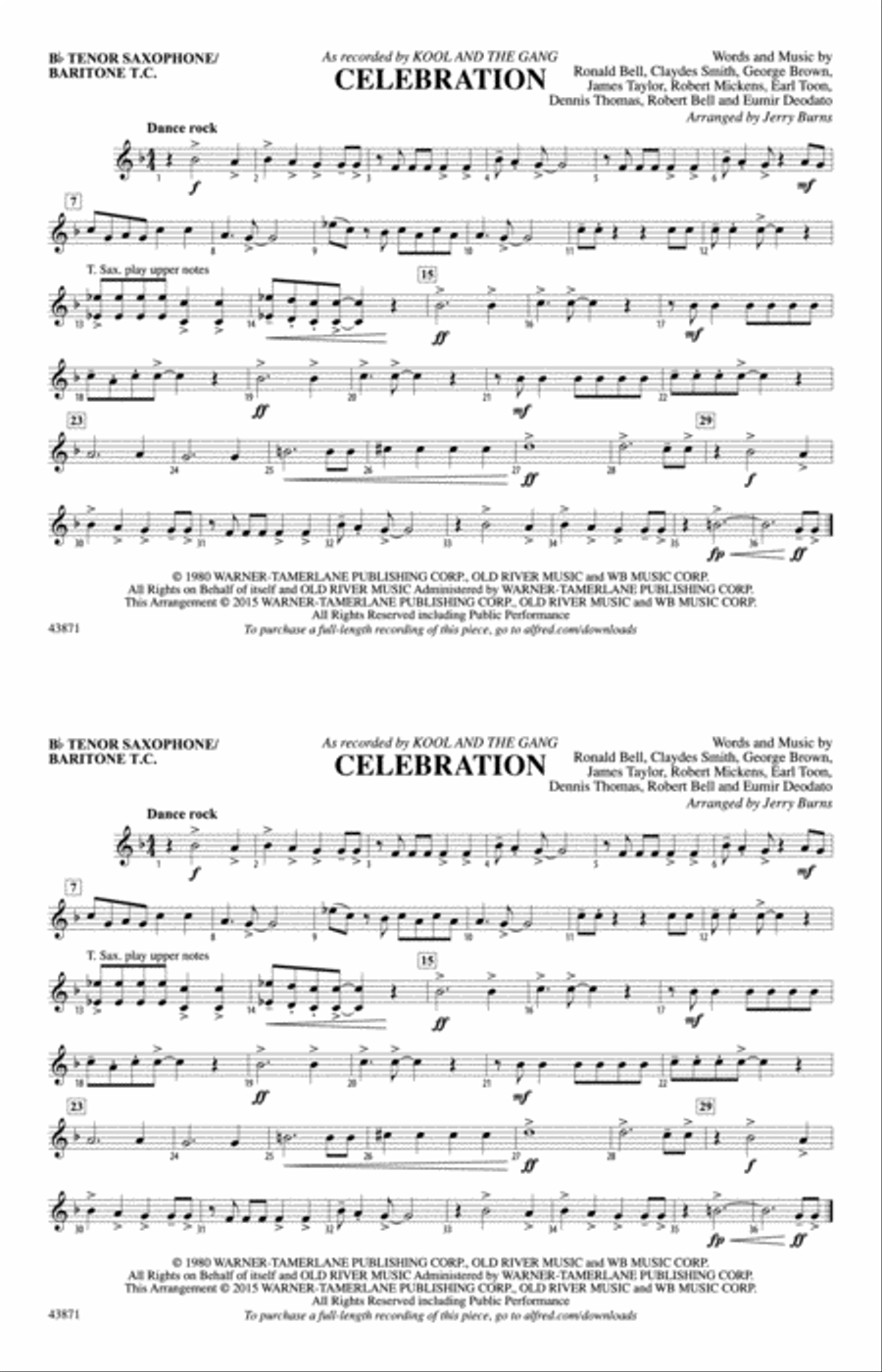 Celebration: Bb Tenor Saxophone/Bartione Treble Clef Marching Band scores gallery preview page 1