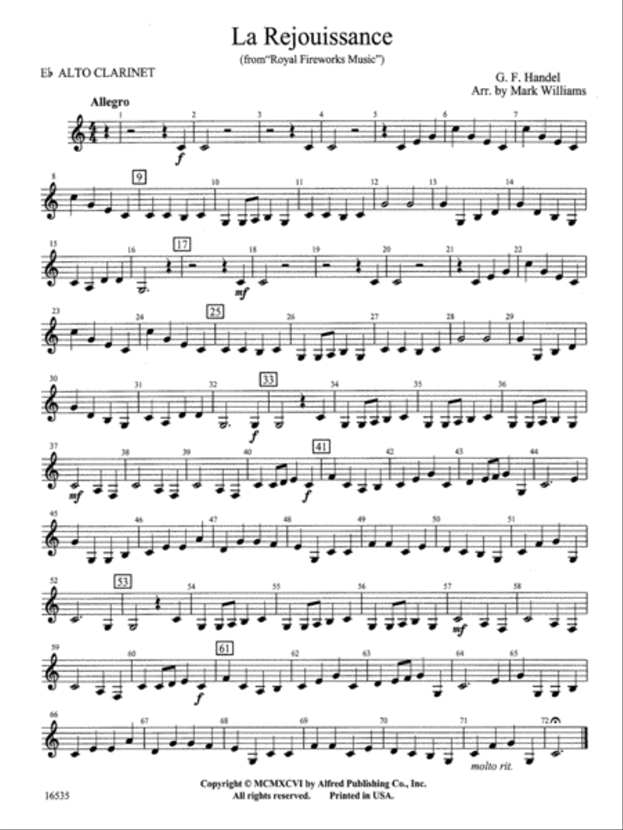 La Rejouissance from Royal Fireworks Music: E-flat Alto Clarinet Concert Band scores gallery preview page 1