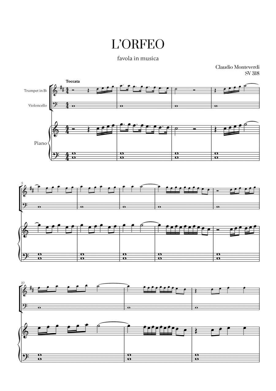 Monteverdi - l'Orfeo favola in musica SV 318 for Trumpet in Bb, Cello and Piano Trumpet Duet scores gallery preview page 1