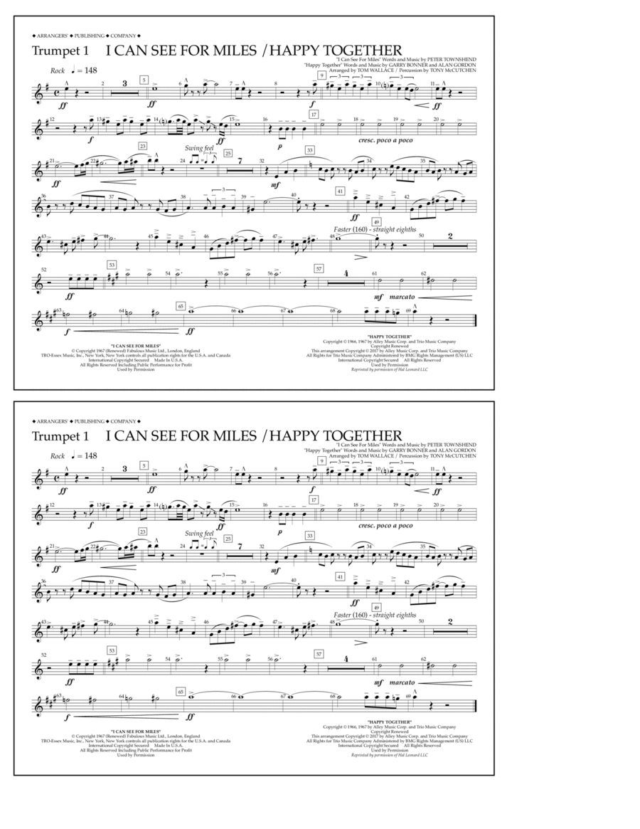 I Can See for Miles/Happy Together - Trumpet 1 Marching Band scores gallery preview page 1