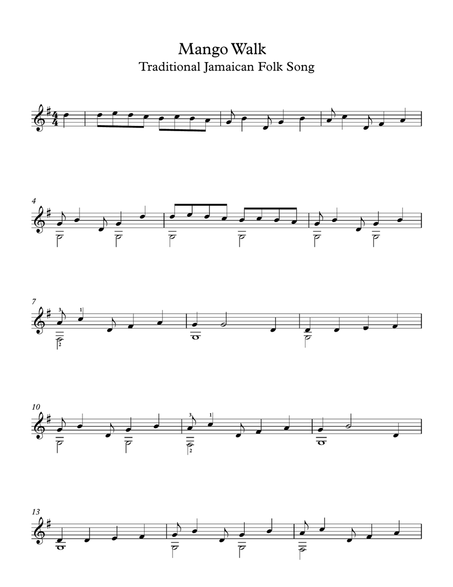 Mango Walk Traditional Jamaican Folk Song Guitar Solo scores gallery preview page 1