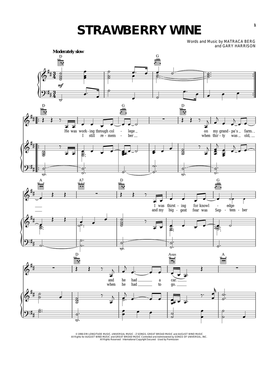 Strawberry Wine Piano, Vocal, Guitar scores gallery preview page 1