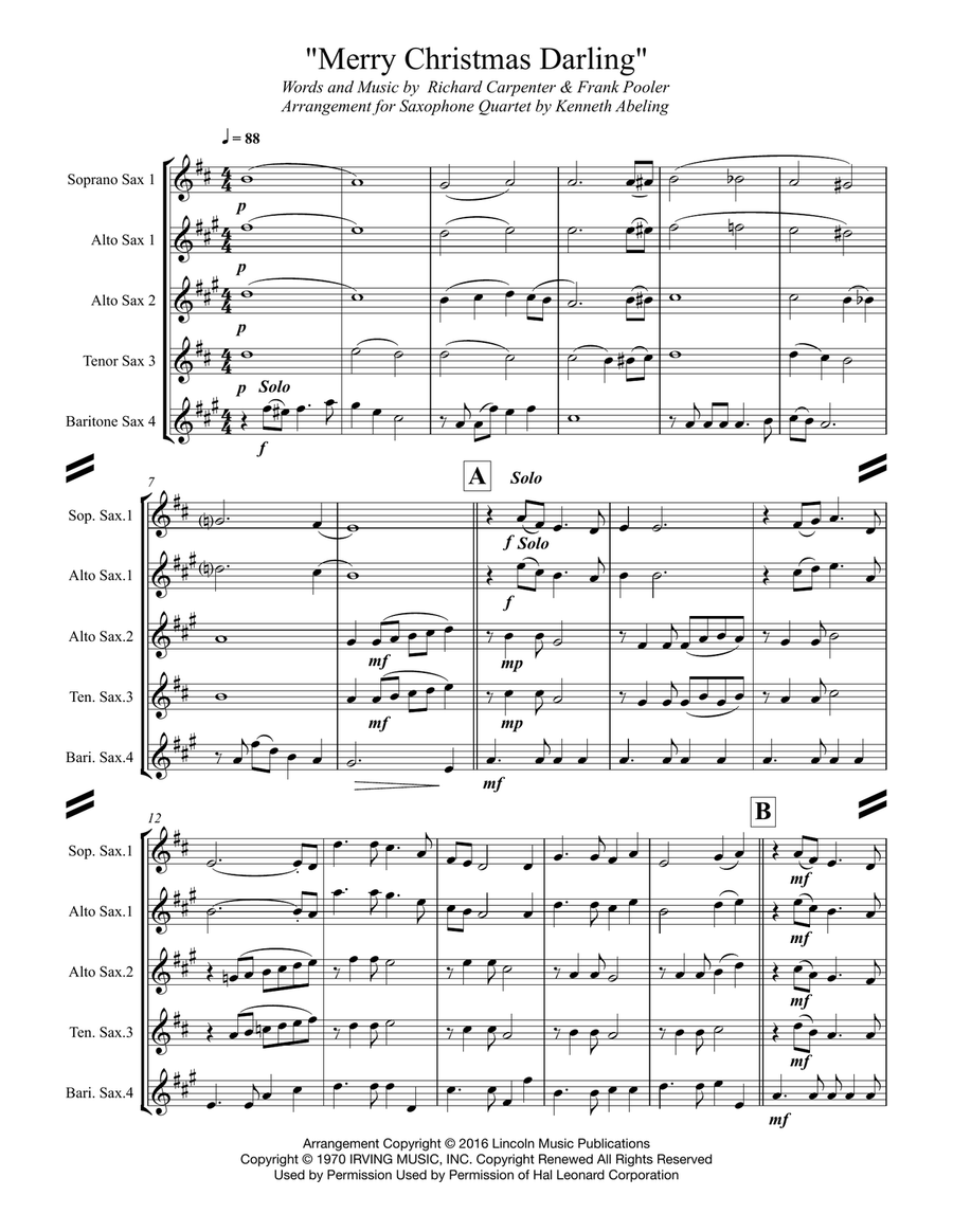 Merry Christmas, Darling Saxophone Quartet scores gallery preview page 2