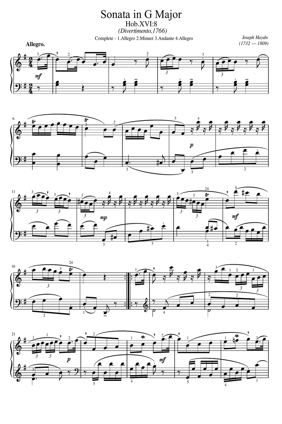 Haydn - Sonata in G Major Hob.XVI:8 - Original (fingered) For Piano Solo Complete Piano Solo scores gallery preview page 1