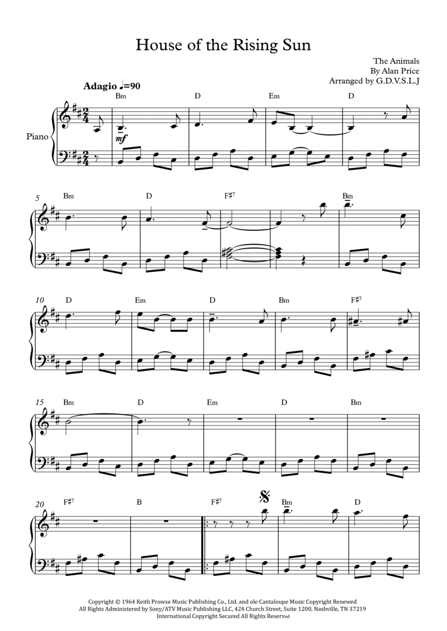 The House Of The Rising Sun Easy Piano scores gallery preview page 1