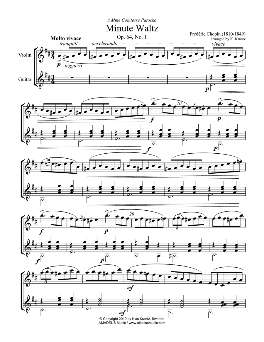 8 Pieces by F. Chopin for Violin (Flute) and Classical Guitar Flute scores gallery preview page 2