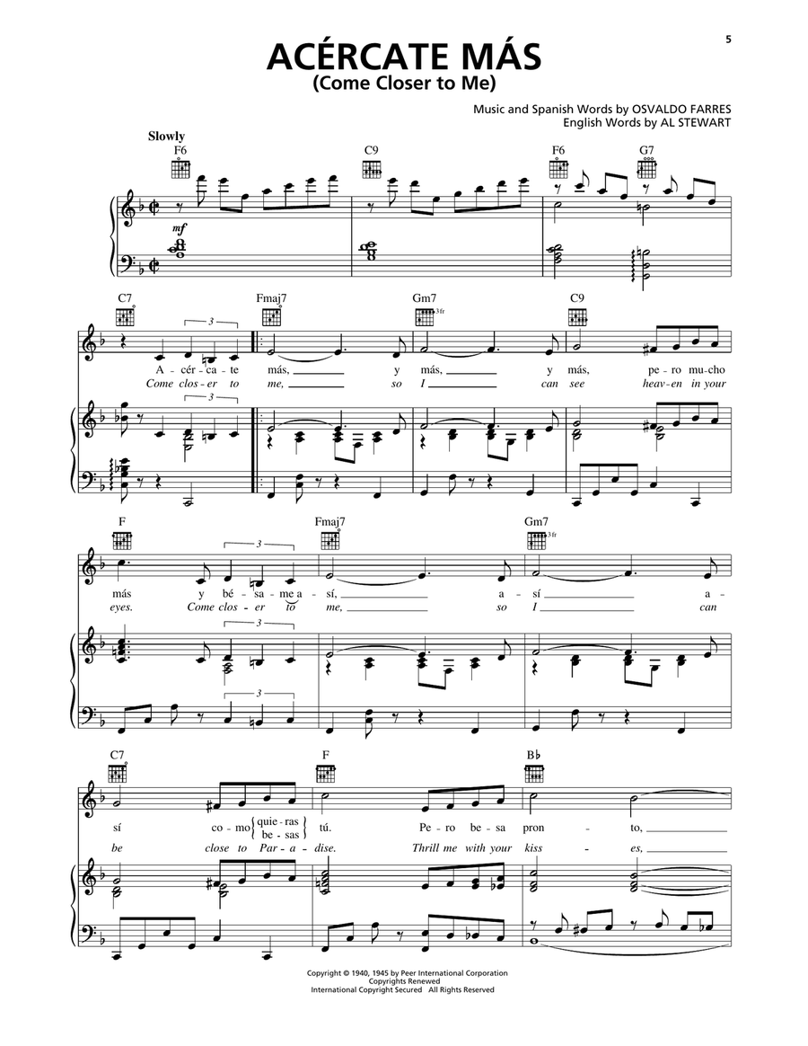 Acercate Más (Come Closer To Me) Piano, Vocal, Guitar scores gallery preview page 1