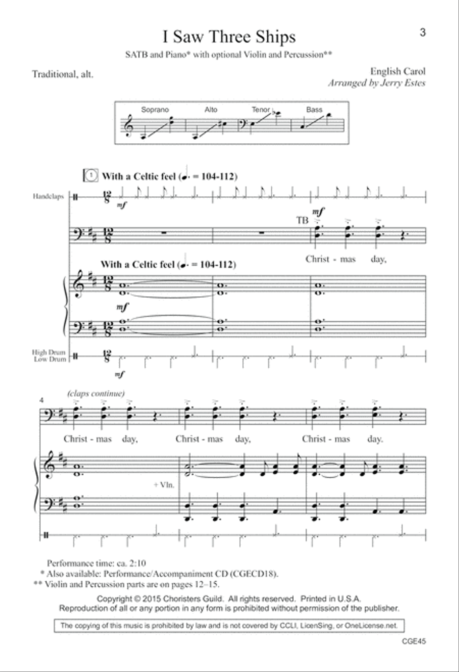 I Saw Three Ships (SATB with Opt. Violin and Percussion) 4-Part scores gallery preview page 3