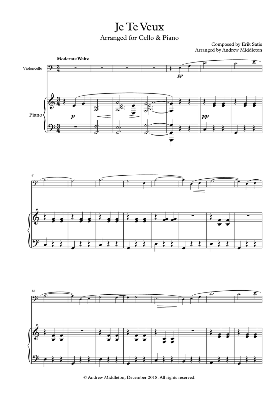 Je Te Veux arranged for Cello and Piano Small Ensemble scores gallery preview page 3