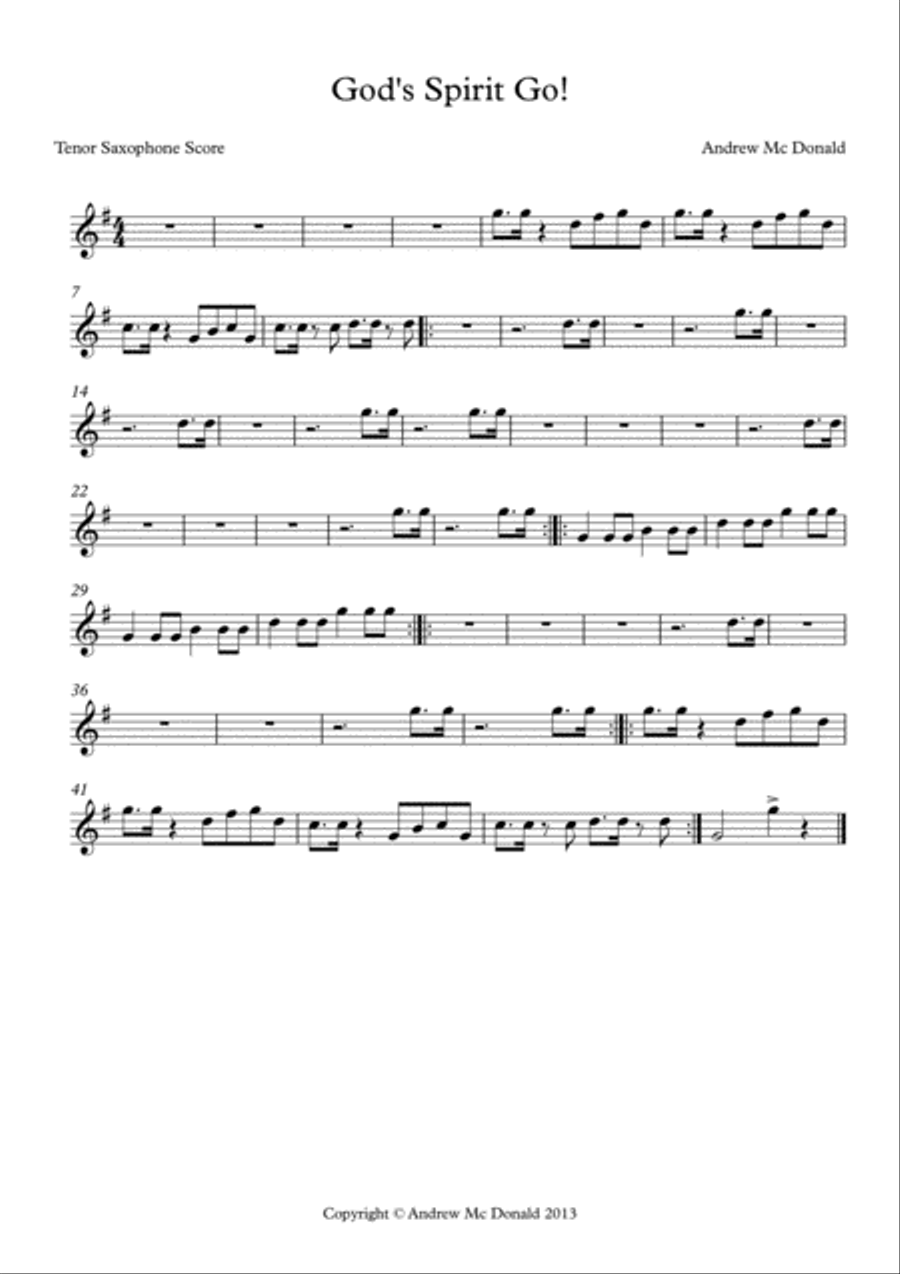 God's Spirit Go Bb Tenor Saxophone Score Tenor Saxophone scores gallery preview page 1