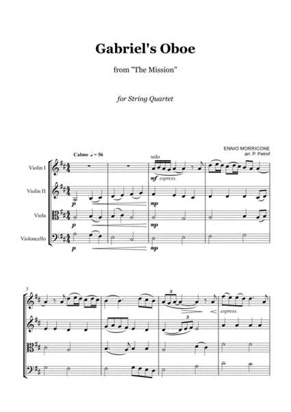 ENNIO MORRICONE - ''Gabriel's Oboe'' from "The Mission" - string quartet, score and parts image number null