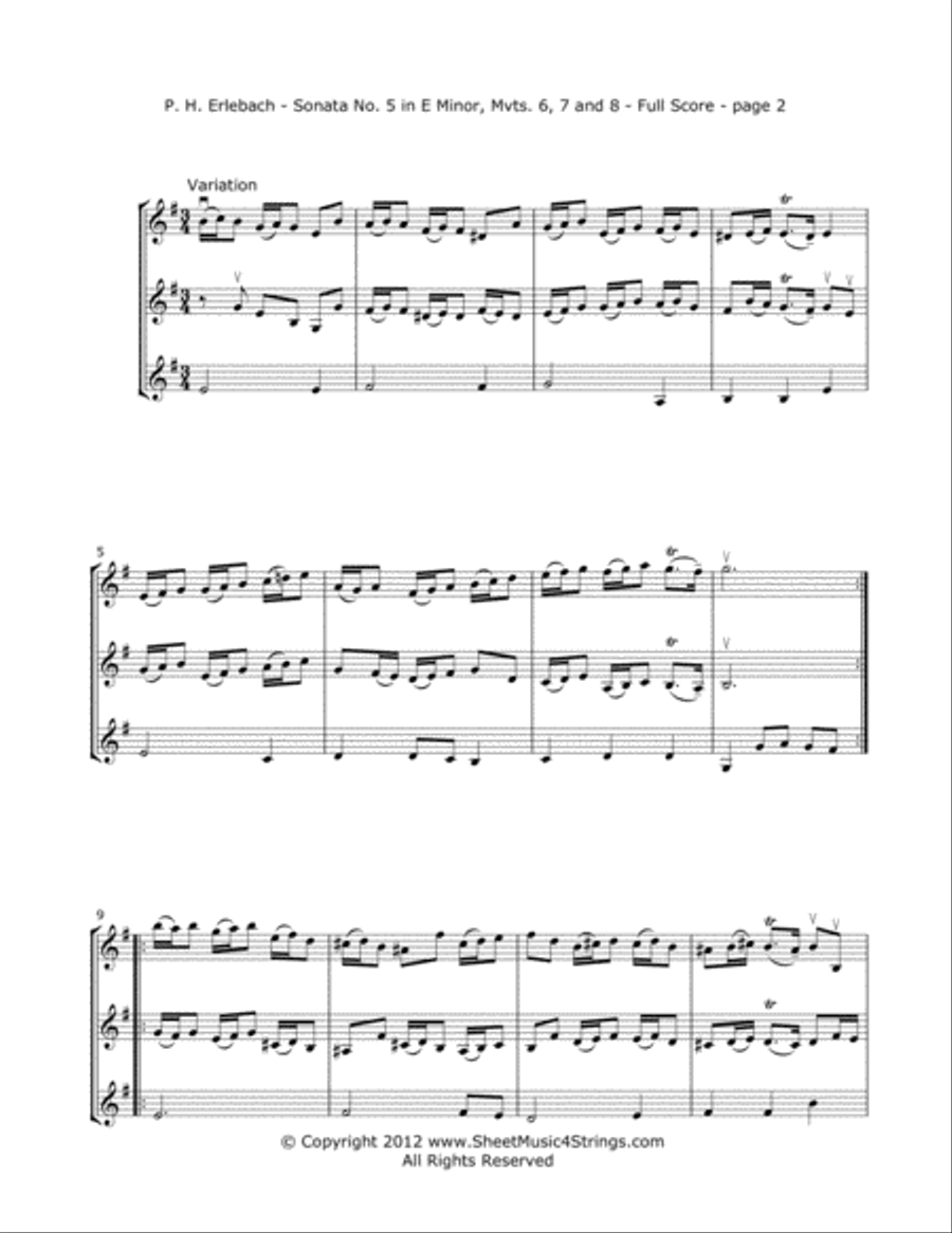 Erlebach, P. - Sonata No. 5 (Mvt. 6) for Three Violins String Trio scores gallery preview page 2