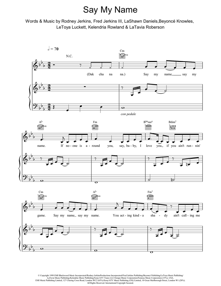 Say My Name Piano, Vocal, Guitar scores gallery preview page 1