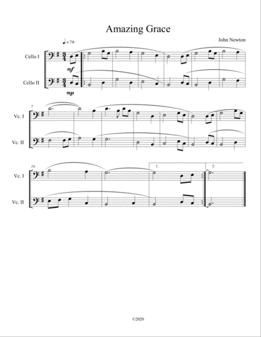 Amazing Grace (cello duet) Amazing Grace (cello duet) String Duet scores gallery preview page 1