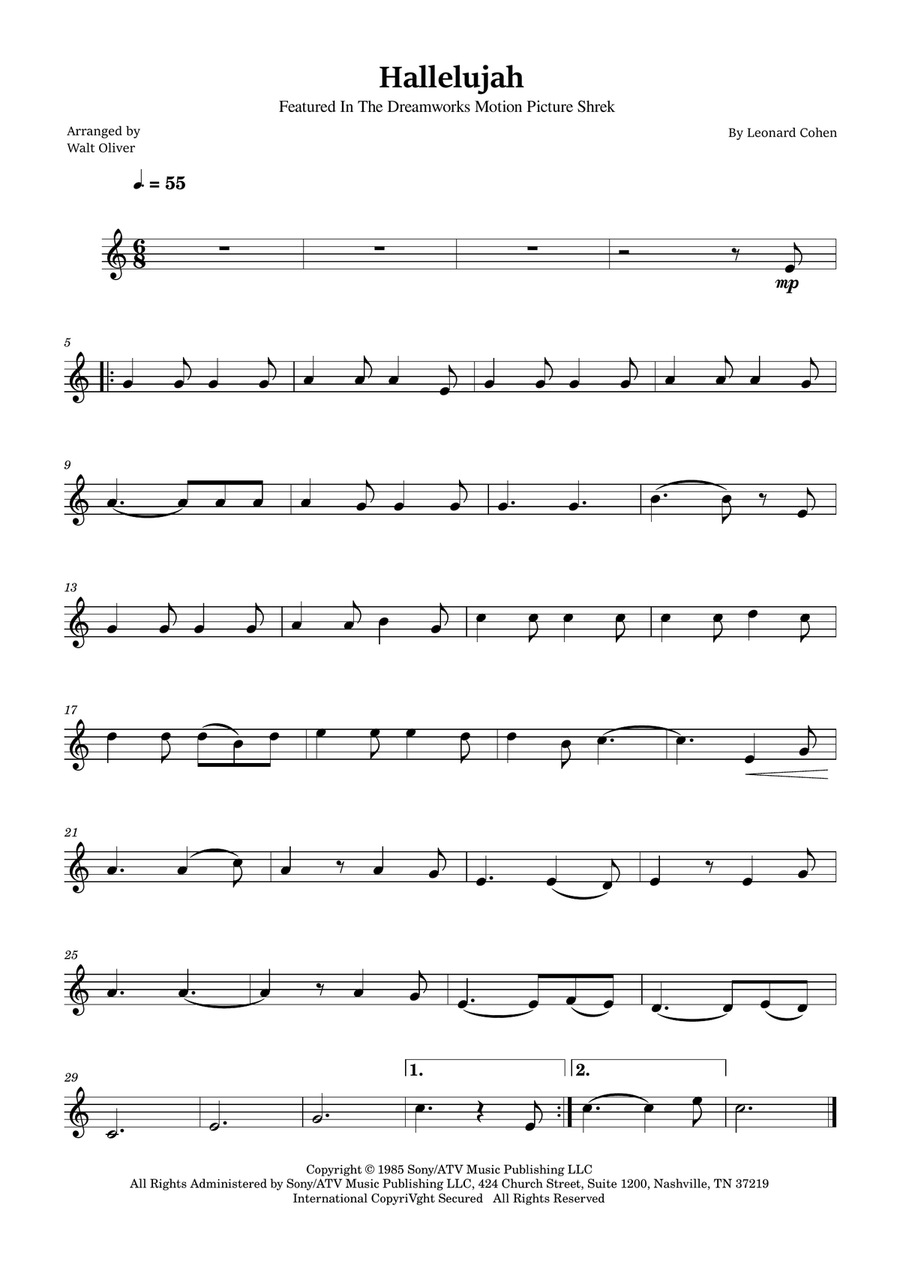 Hallelujah B-Flat Trumpet scores gallery preview page 1