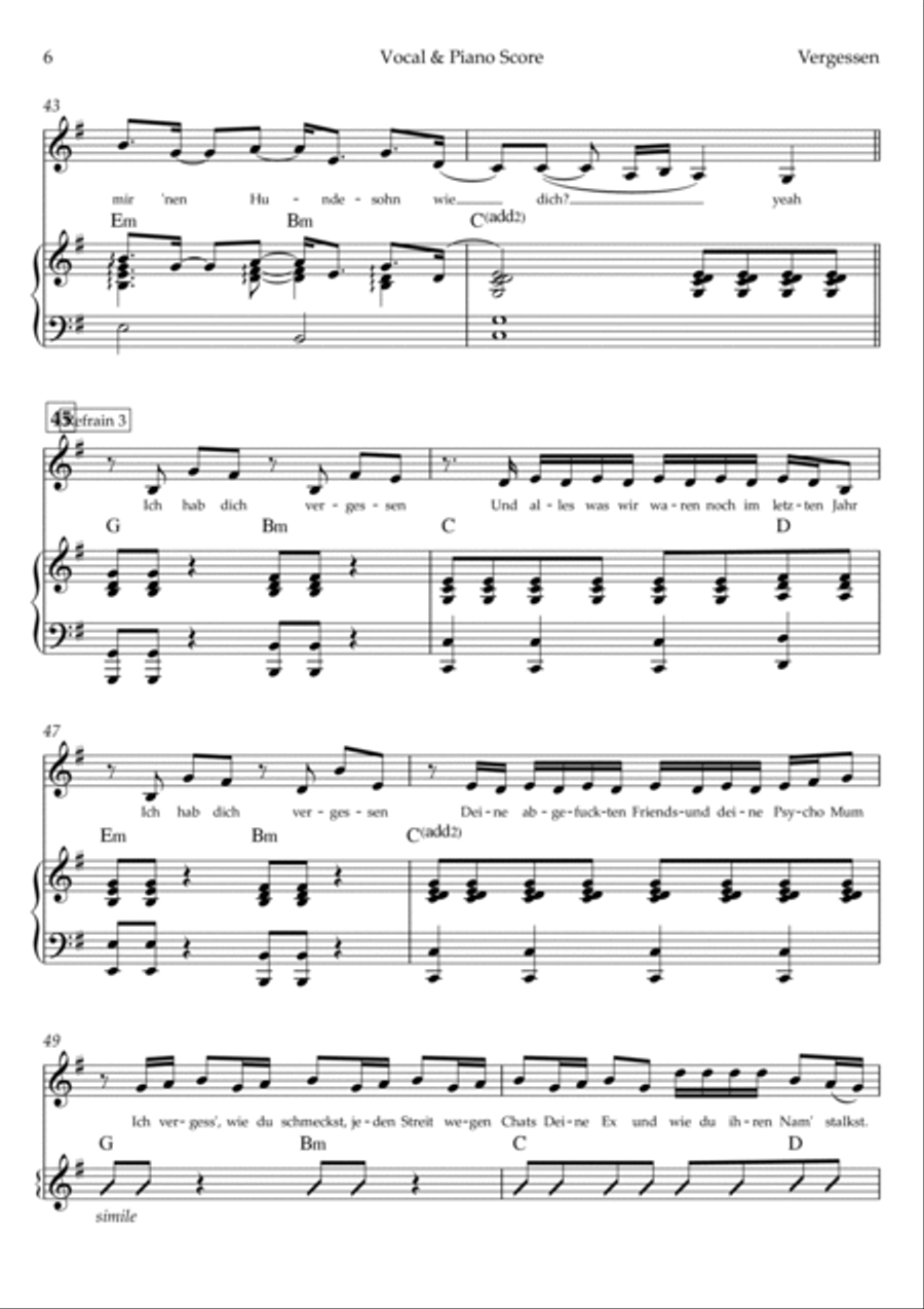 Vergessen Piano, Vocal, Guitar scores gallery preview page 6