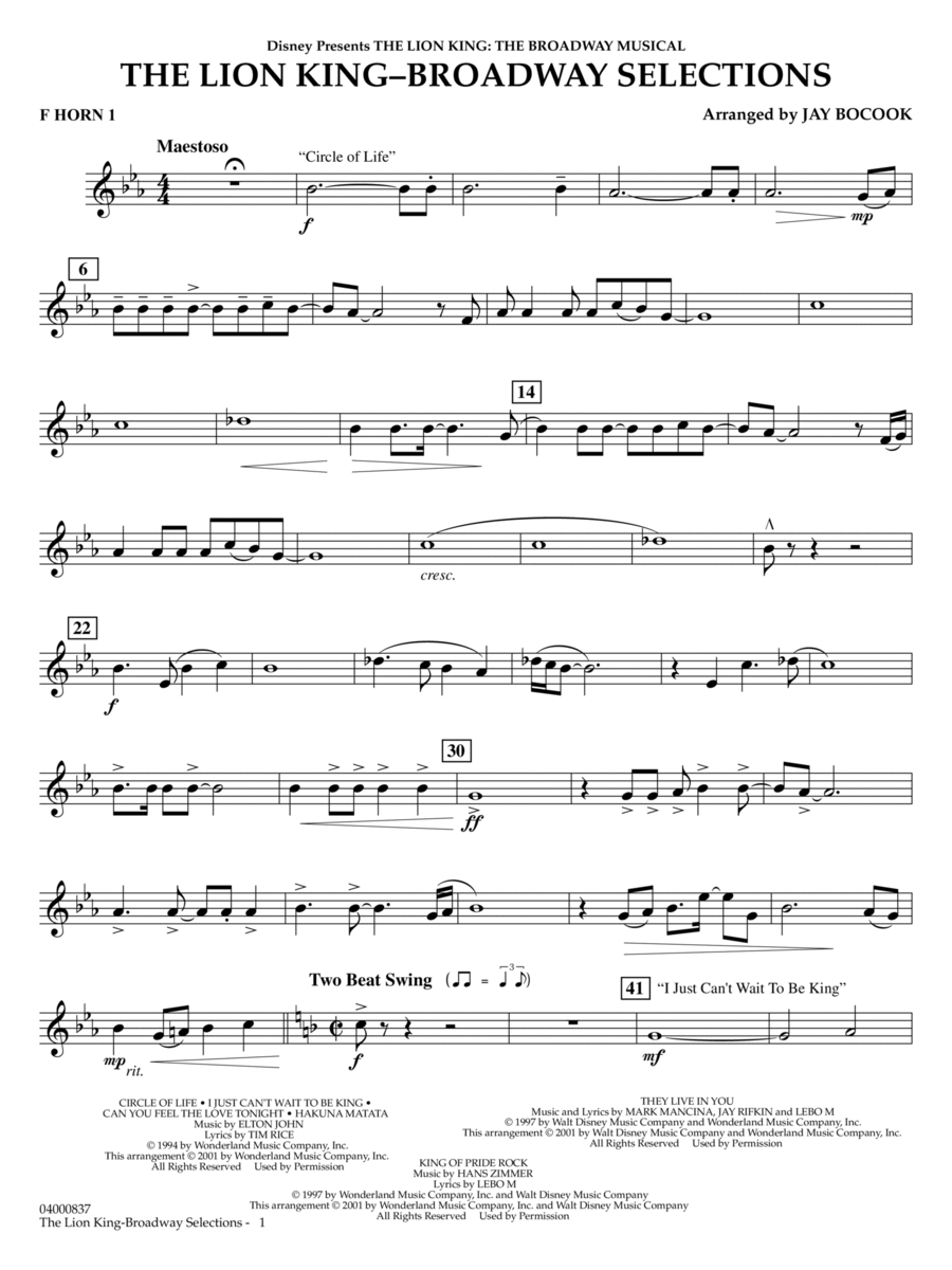 The Lion King: Broadway Selections - F Horn 1 Concert Band scores gallery preview page 1
