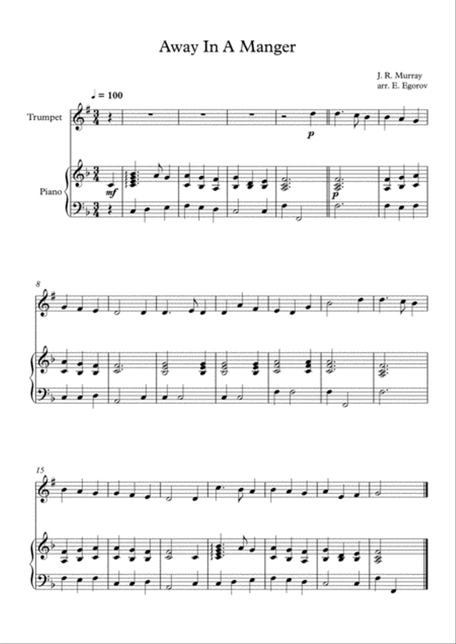 Away In A Manger, James Ramsey Murray, For Trumpet & Piano Trumpet Solo scores gallery preview page 1