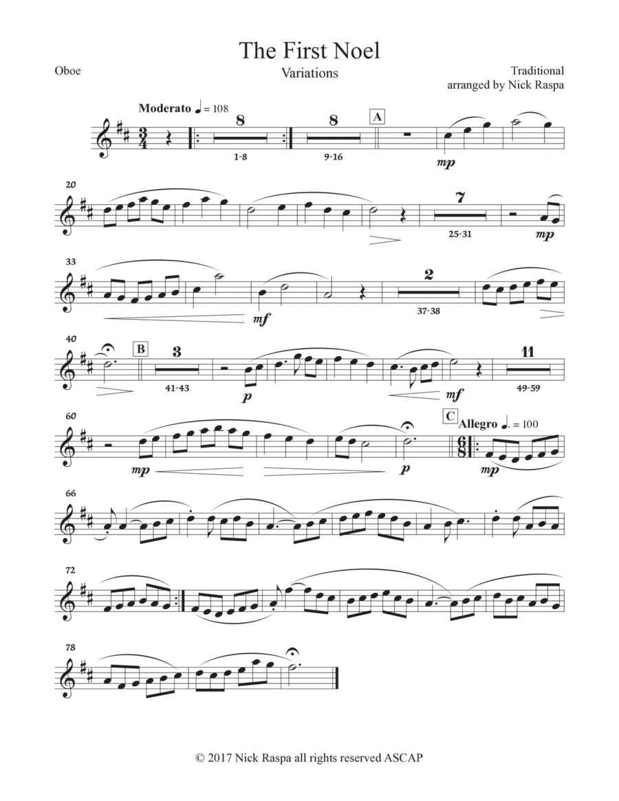 The First Noel (Variations for Full Orchestra) Oboe part Full Orchestra scores gallery preview page 1