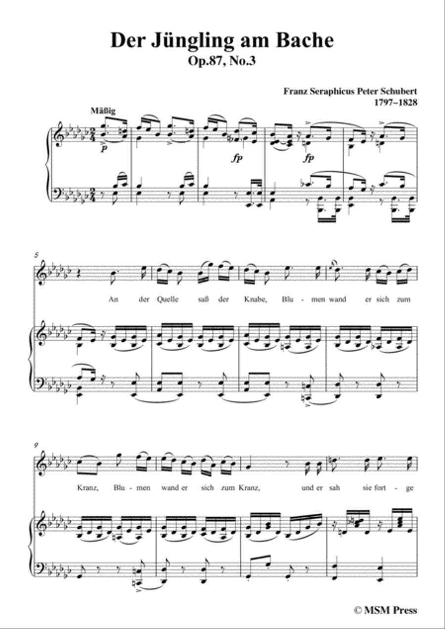 Schubert-Der Jüngling am Bache,Op.87 No.3,in e flat minor,for voice and piano Voice Solo scores gallery preview page 3