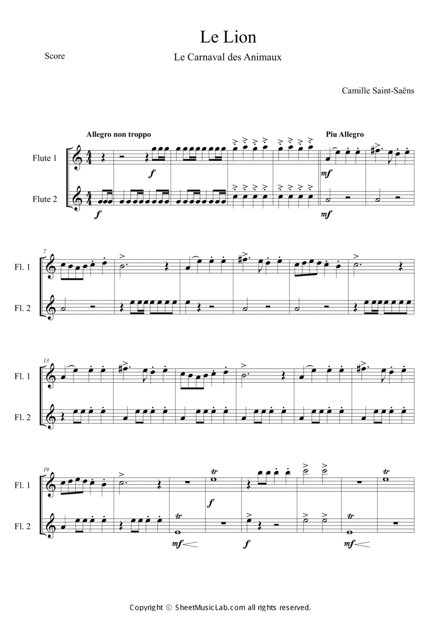 Le Lion (Le Carnaval des Animaux) Flute Duet scores gallery preview page 1
