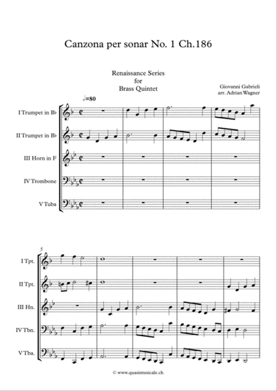 Canzona per sonar No 1 Ch.186 (Giovanni Gabrieli) Brass Quintet arr. Adrian Wagner Brass Quintet scores gallery preview page 2