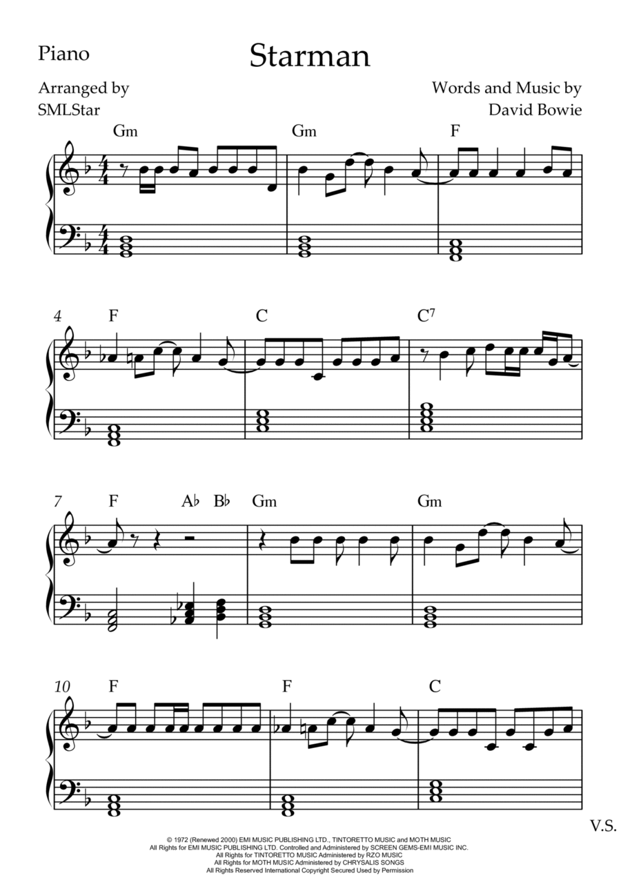 Starman Easy Piano scores gallery preview page 1
