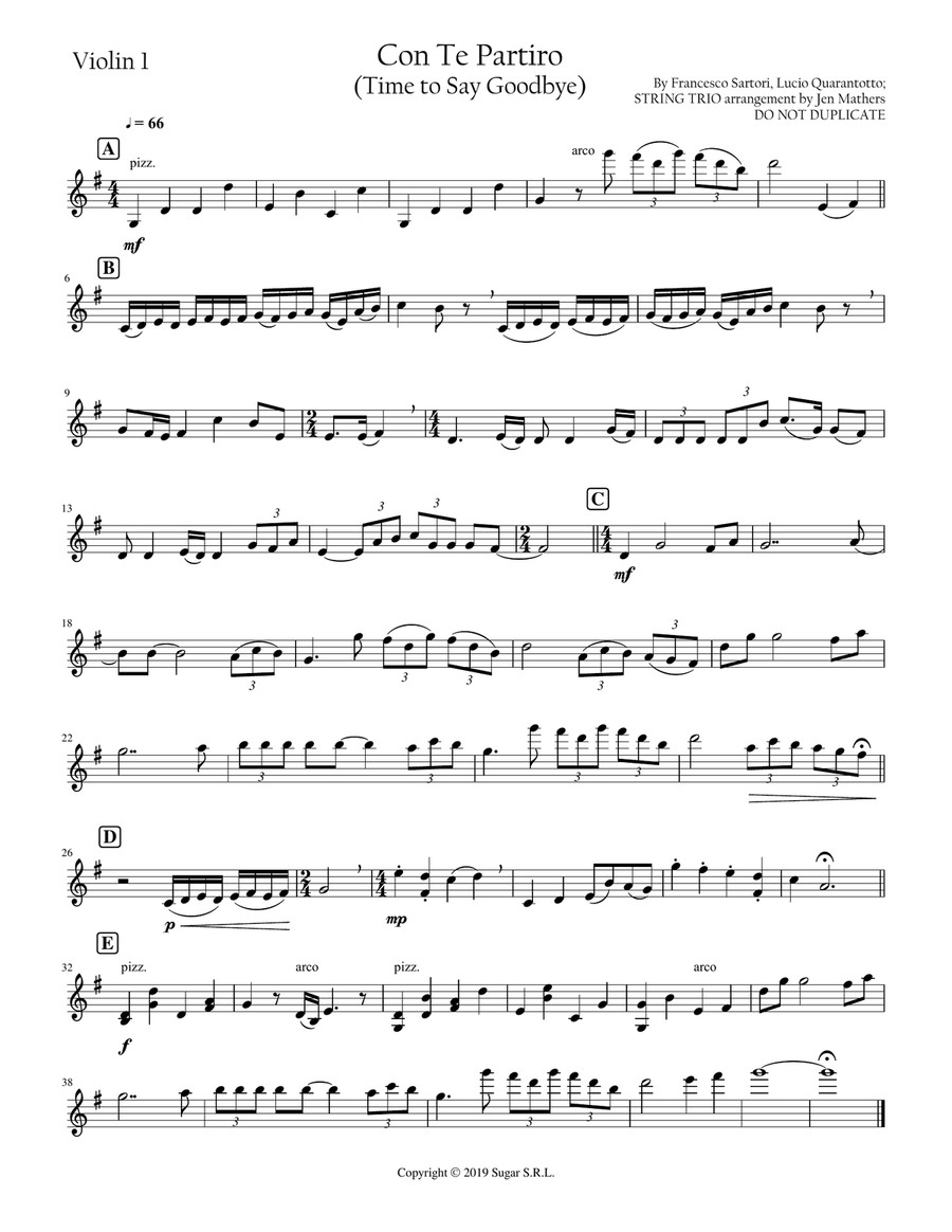 Con Te Partiro (time To Say Goodbye) String Trio scores gallery preview page 1