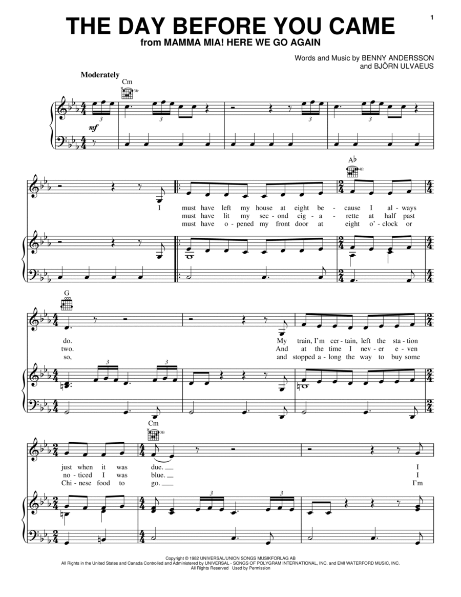Day Before You Came (from Mamma Mia! Here We Go Again) Piano, Vocal, Guitar scores gallery preview page 1