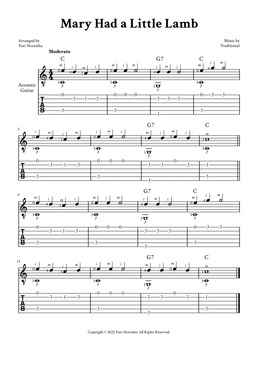 Mary Had a Little Lamb - Easy Fingerstyle Guitar (with TAB, Chord and Fingering) Acoustic Guitar scores gallery preview page 1