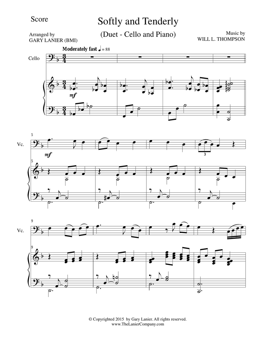 SOFTLY AND TENDERLY (Duet – Cello and Piano/Score and Parts) Piano scores gallery preview page 1