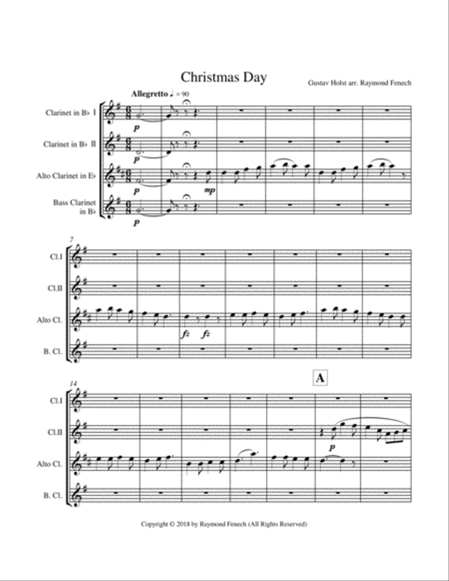 Christmas Day-Gustav Holst-CLARINET CHOIR QUARTET (2 B Flat Clarinets; Alto Clarinet and Bass Clarin Clarinet Quartet scores gallery preview page 4