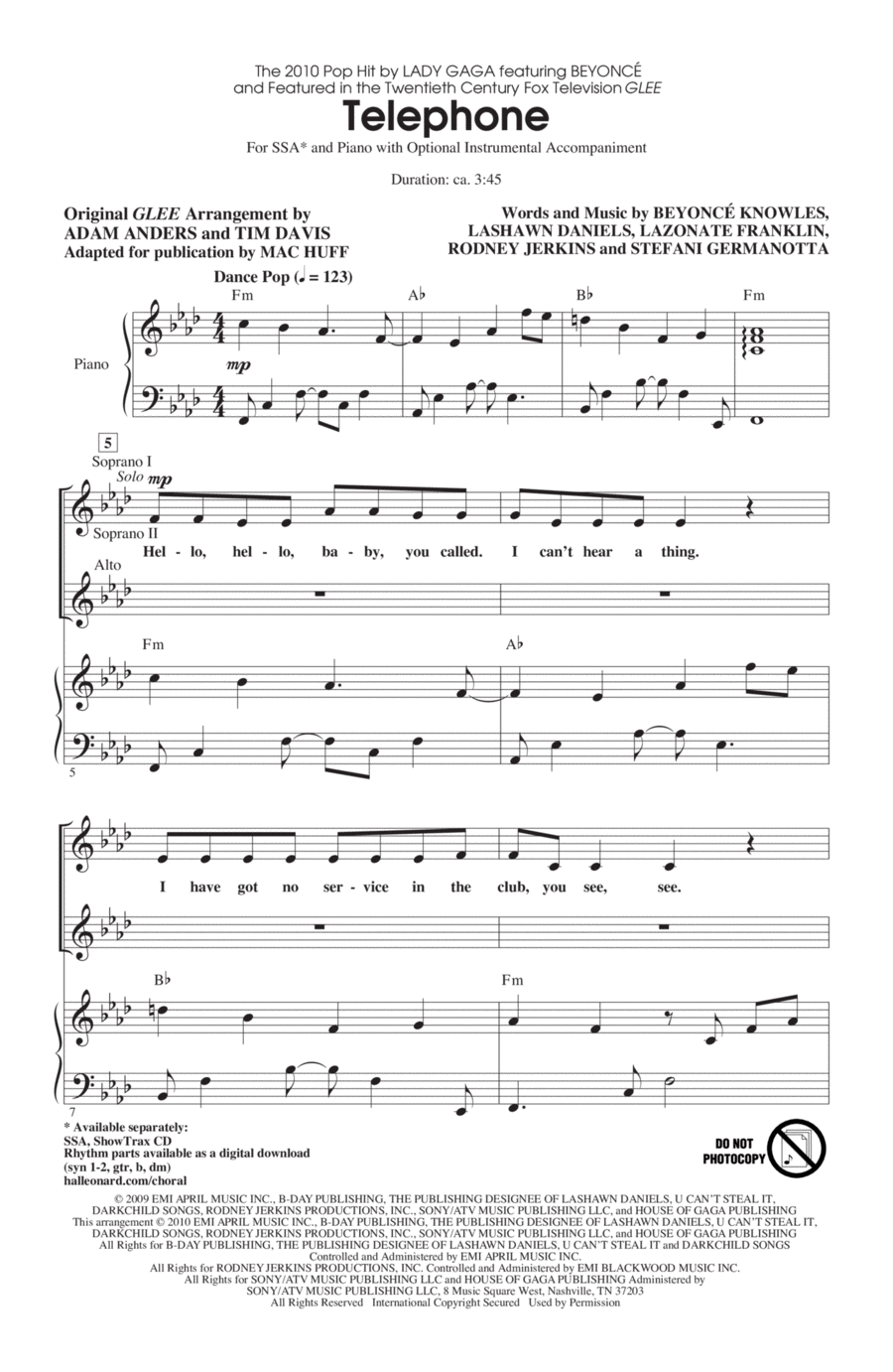 Telephone SSA scores gallery preview page 1
