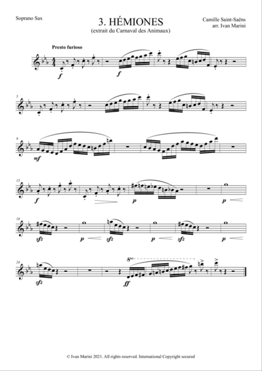 THE CARNIVAL OF THE ANIMALS for Saxophone Quartet - 3. Hémiones (Wild Asses) Saxophone Quartet scores gallery preview page 2