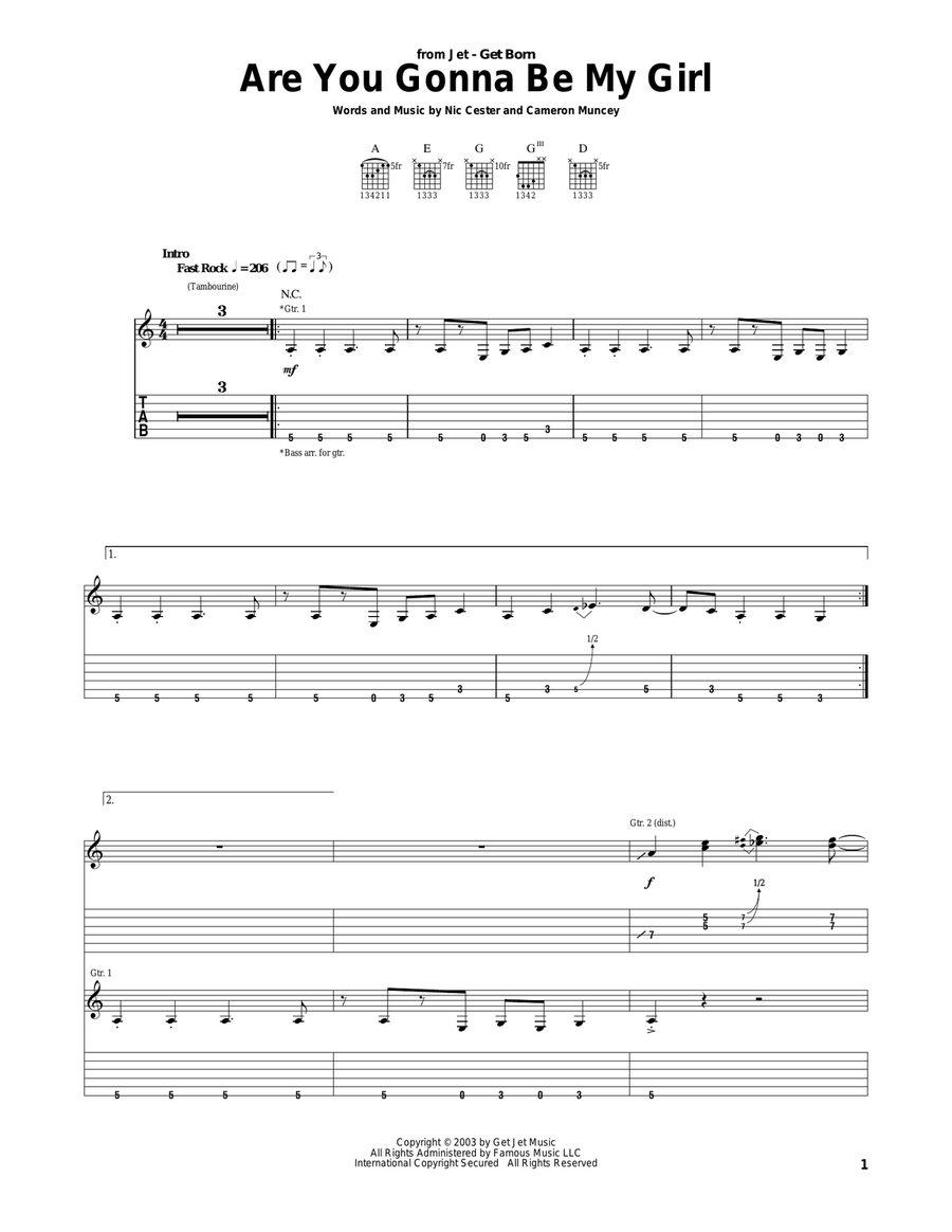 Are You Gonna Be My Girl Are You Gonna Be My Girl Guitar Tablature scores gallery preview page 1