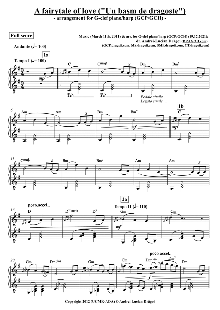 A fairytale of love ("Un basm de dragoste") - arr. for G-clef piano/harp (GCP/GCH) (from my Piano al image number null