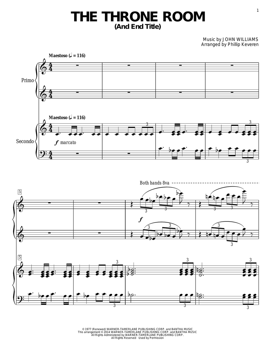Throne Room and End Title (arr. Phillip Keveren) (from Star Wars: A New Hope) Piano Duet scores gallery preview page 1